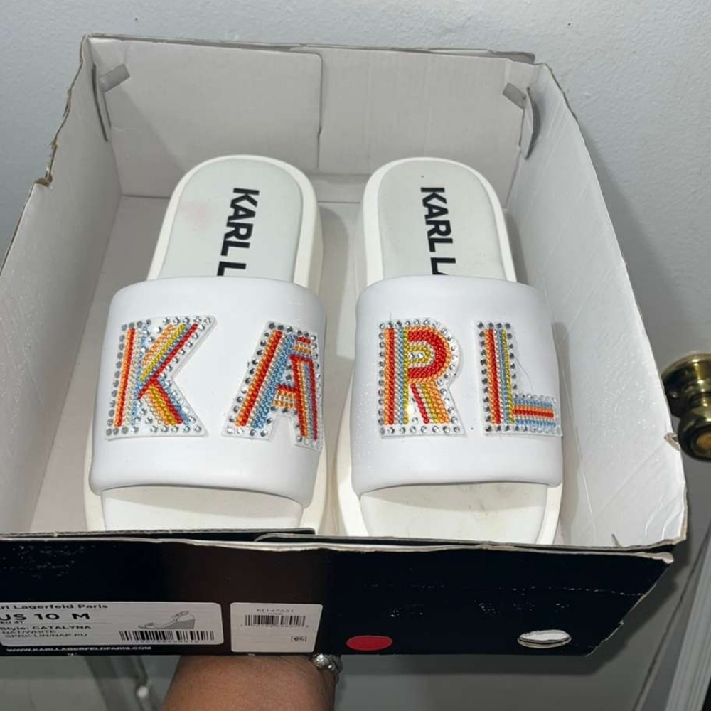 Karl Lagerfeld Leather White Logo Slide Sandals